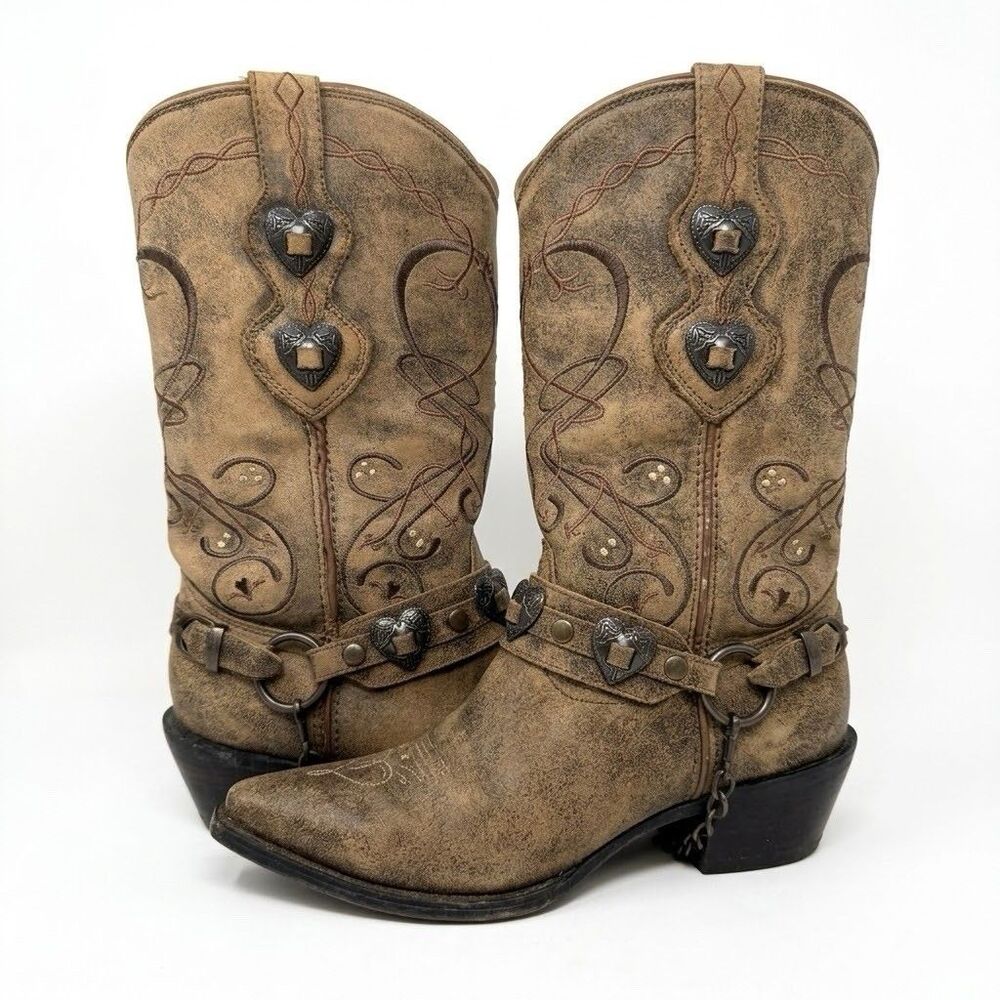 Durango Crush Dusk To Dawn Heartbreaker Western Boots Brown Leather Harness 7 B